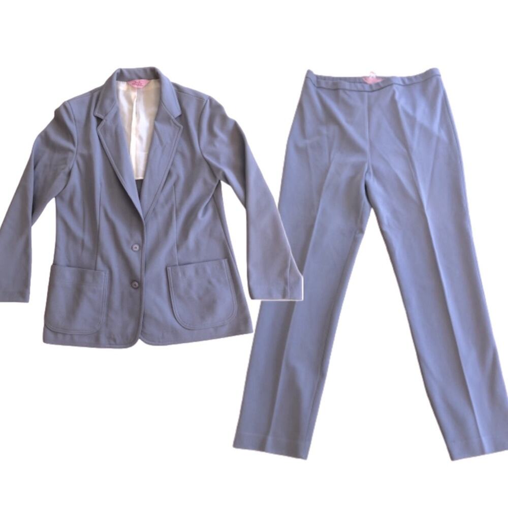Vintage 70s Blue Grey Pantsuit Matching Polyester Blazer Pockets Pleated Pants